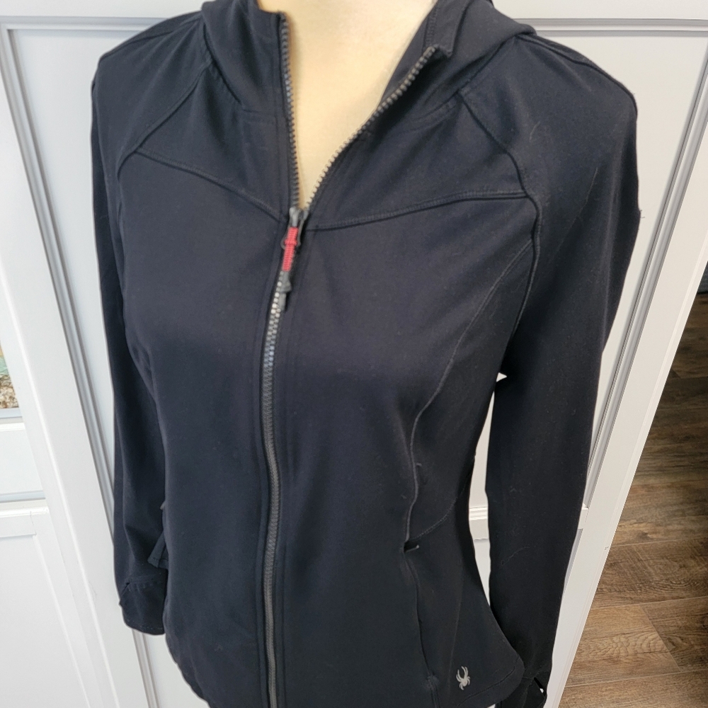 Spyder Active Jacket Womens Medium Black Full Zip Hooded Logo Athleisure Gym - Picture 5 of 12